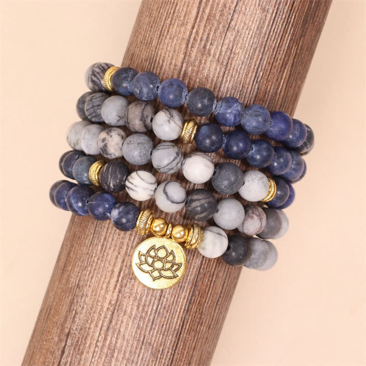 Buddha Stones 108 Mala Perlen Sodalith Zebra Jaspis Kristall Lotus Stärke Armband