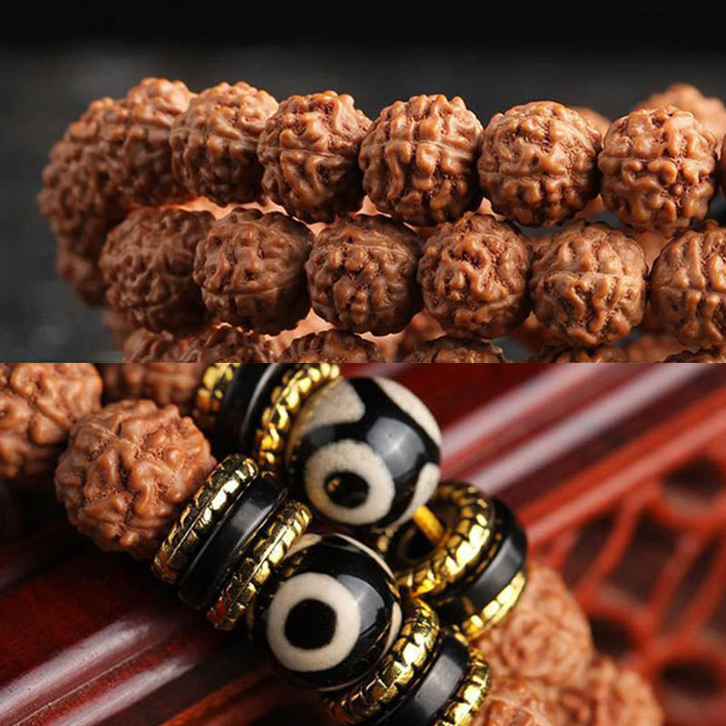 Buddha Stones Rudraksha Bodhi Seed Dzi Bead Luck Wealth Armband 108 Mala Beads