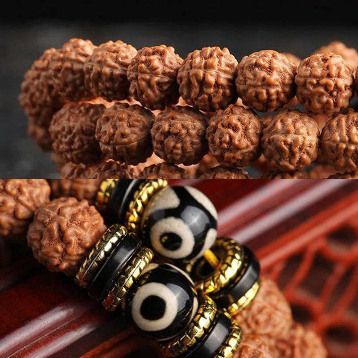 Buddha Stones Rudraksha Bodhi Seed Dzi Bead Luck Wealth Armband 108 Mala Beads