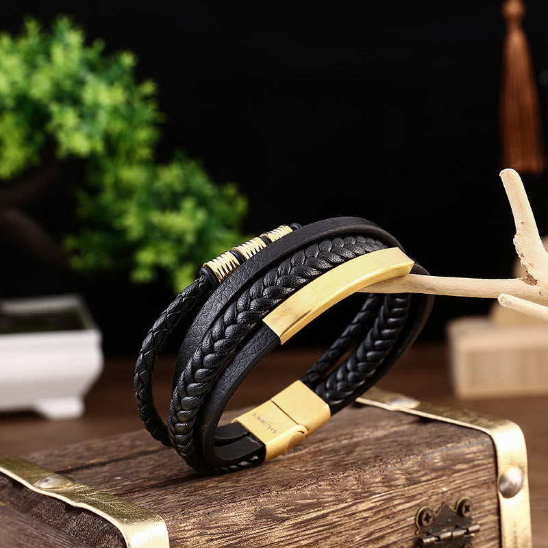 Buddha Stones Lederarmband mit mehrschichtiger Balance aus Titanstahl und geflochtener Magnetschnalle