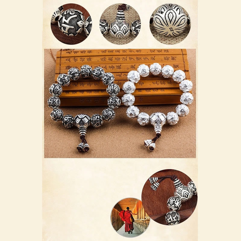 Buddha Stones Tibetisches Om Mani Padme Hum Amulett-Armband mit geschnitzten Legierungsperlen