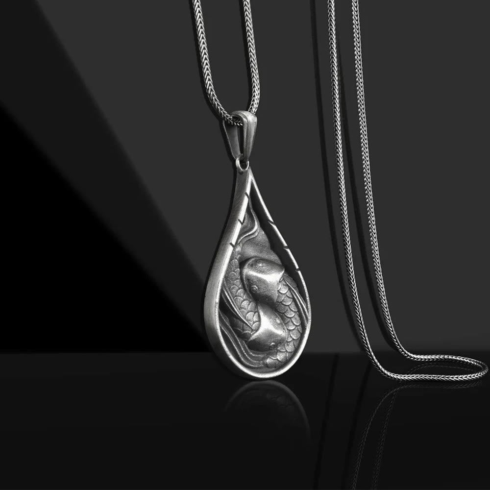 Buddha Stones, doppelter glücklicher Koi-Fisch, Wohlstand, reines Zinn, Wassertropfen-Muster, Halsketten-Anhänger - image 2