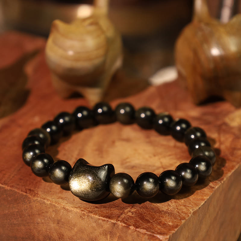 Buddha Stones Gold glänzender Obsidian Silber glänzender Obsidian Schönes Pfoten-Glückskatzen-Schutzarmband - image 4