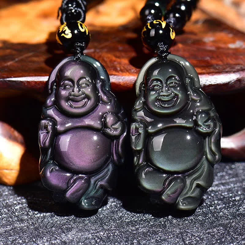 Halskettenanhänger mit natürlichem Regenbogen-Obsidian, lachender Buddha, innerer Frieden - Regenbogen Obsidian & Perlenkette - image 1