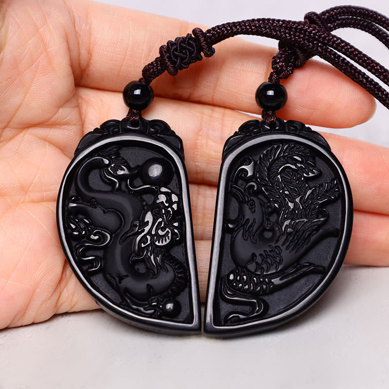 Buddha Stones Schwarzer Obsidian Liebe Drache Phönix Schutz Halskette Anhänger - image 3