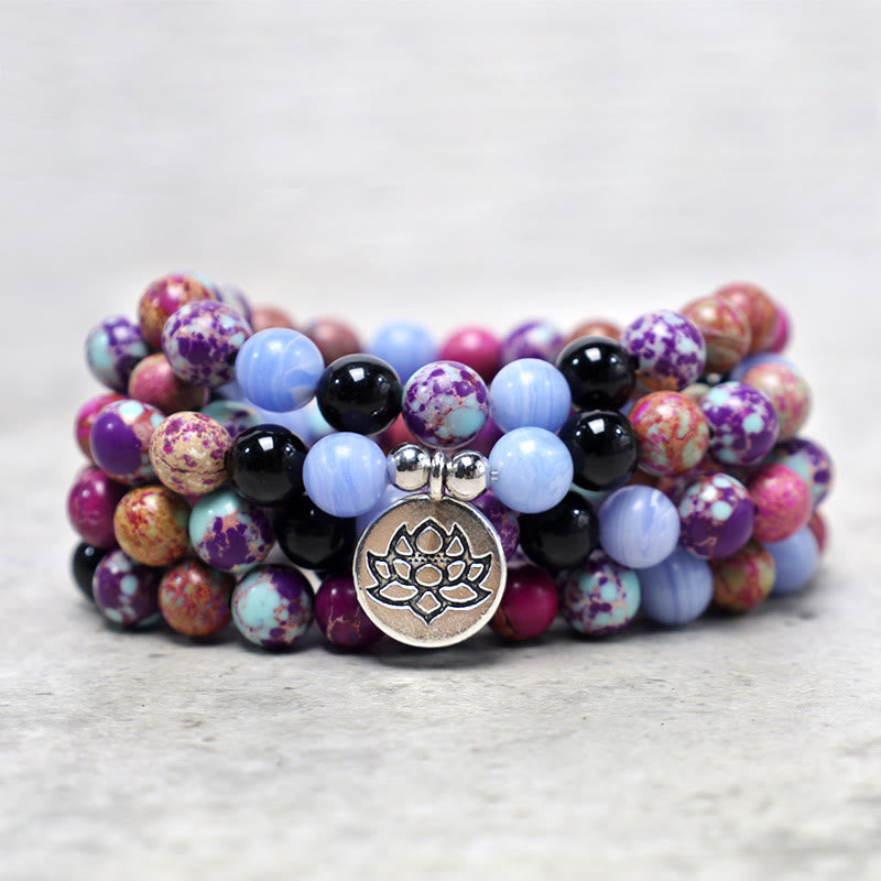Buddha Stones Natur Lila Miano Echtstein Lotus Mala