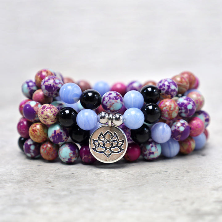 Buddha Stones Natur Lila Miano Echtstein Lotus Mala