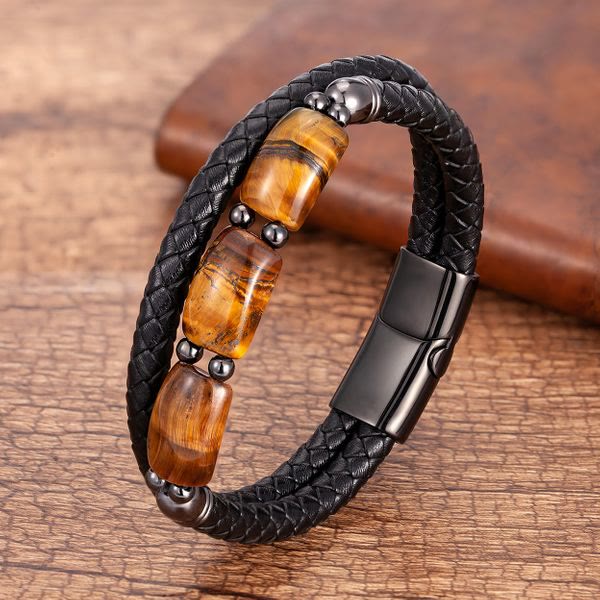 Buddha Stones Natürliches Tigerauge-Schutz-Willens-Lederarmband mit magnetischer Schnalle