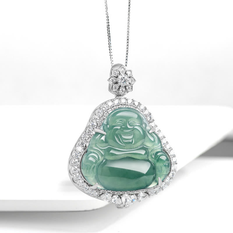 Buddha Stones 925 Sterling Silber lachender Buddha natürliche Jade Glück Fülle Kette Halskette Anhänger - image 2