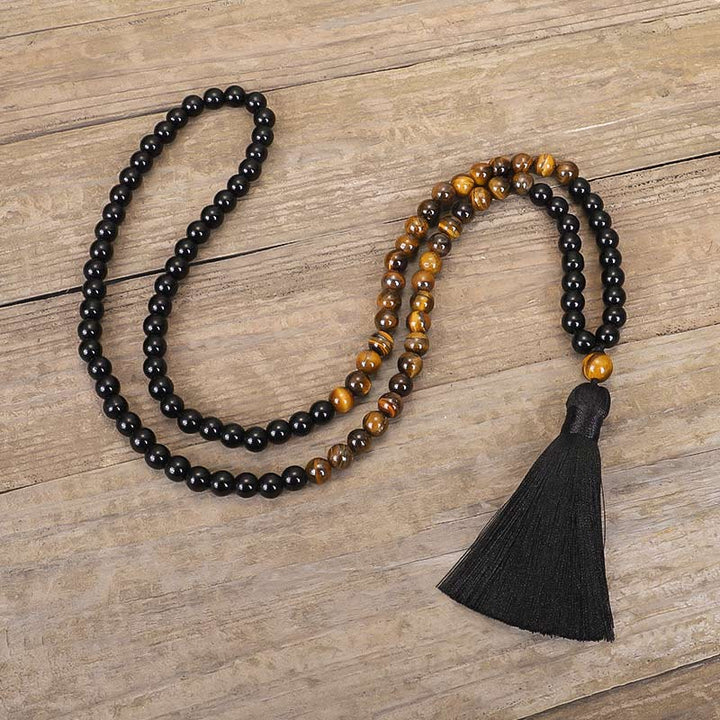 Buddha Stones Tibetisches schwarzes Onyx-Tigeraugenschutz-Halsketten-Mala-Set