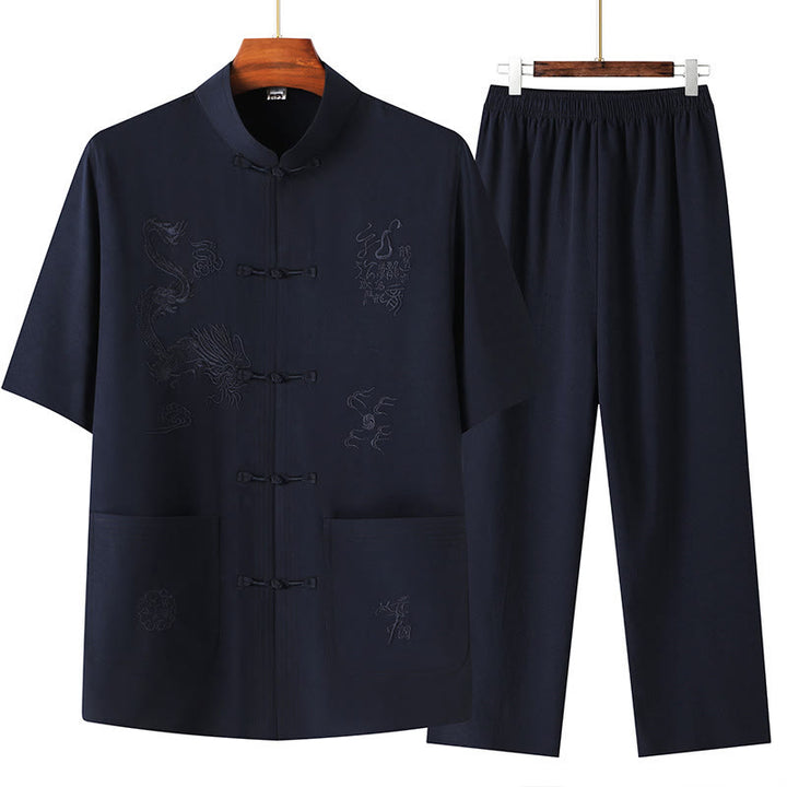 Buddha Stones Tang Anzug Hanfu Chinesischer Drache Traditionelle Kung Fu Uniform Kurzarm Tops und Hosen Kleidung Herren Set - Marineblau - US/ UK/AU44,EU54 (4XL) - image 0