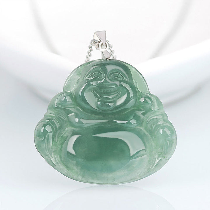 Buddha Stones 925 Sterling Silber Lachender Buddha Jade Schutz Ruhe Halskette Kettenanhänger - Jade - image 0