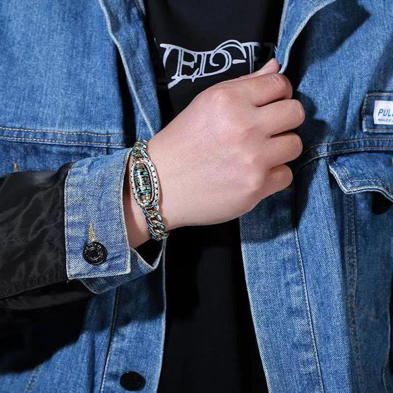 Buddha Stones Tibetisches Neun-Augen-Dzi-Perlen-Om-Mani-Padme-Hum-Türkis-Schutz-Armband, drehbar - image 5