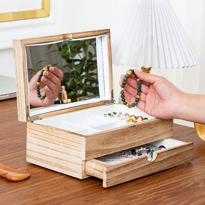 Buddha Stones Retro Beige Holz-Schmuckkästchen, zweilagige Schmuck-Aufbewahrungsbox mit Spiegel - image 1