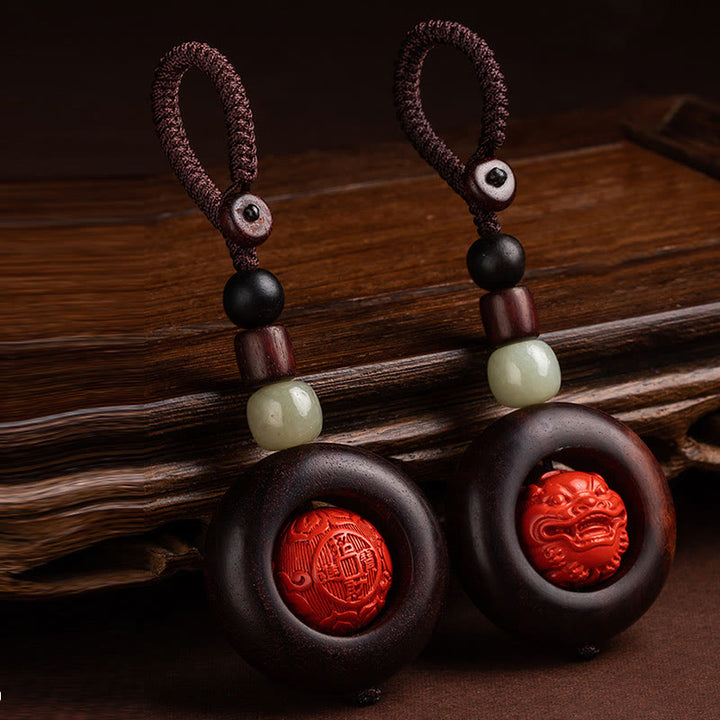 Buddha Stones, Tibet, Om Mani Padme Hum, PiXiu, Kupfermünze, kleines Blatt, rotes Sandelholz, Zinnober, Schutz-Schlüsselanhänger