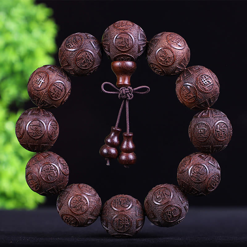Buddha Stones Chinesisches Sternzeichen Palisander Ebenholz Kupfermünze PiXiu Geschnitztes Wärmearmband