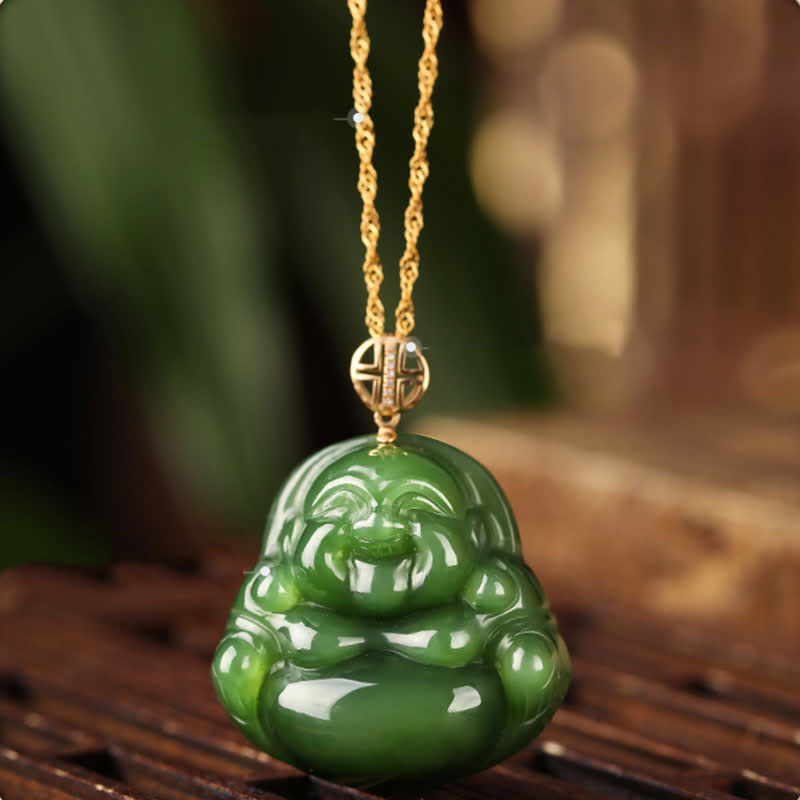 925 Sterling Silber Lachender Buddha Hetian Cyan Jade 18K Gold Success Halskette Kettenanhänger - Hetian Cyan Jade (Erfolg ♥ Heilung) - image 1