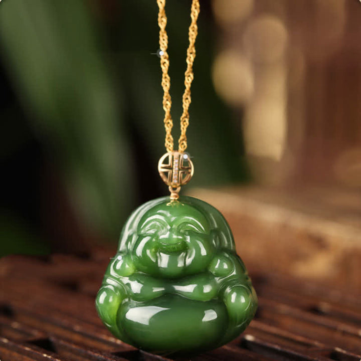 925 Sterling Silber Lachender Buddha Hetian Cyan Jade 18K Gold Success Halskette Kettenanhänger - Hetian Cyan Jade (Erfolg ♥ Heilung) - image 1