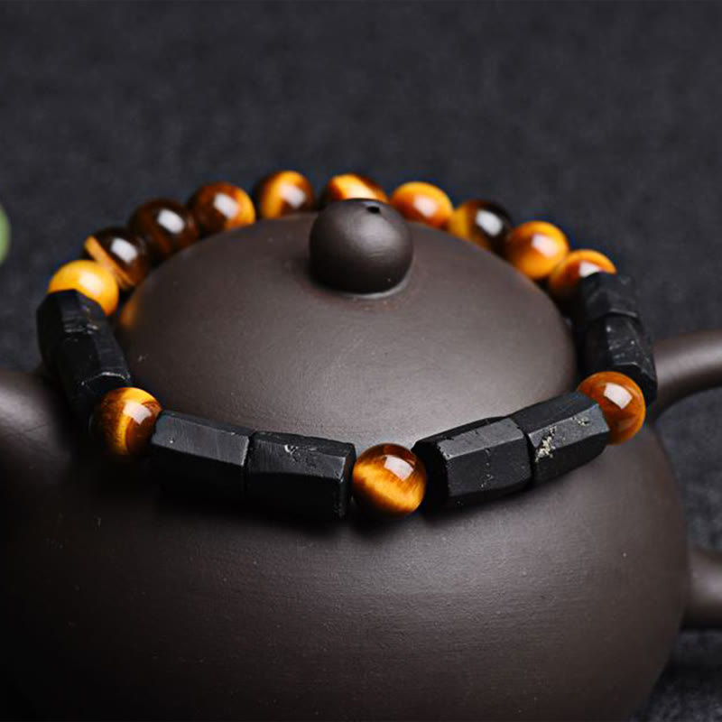 Buddha Stones Natürliches schwarzes Turmalin-Tigerauge-Positiv-Armband