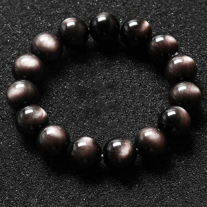 Buddha Stones Natürliches Obsidian-Armband mit silbernem Glanz und beruhigendem Schutz