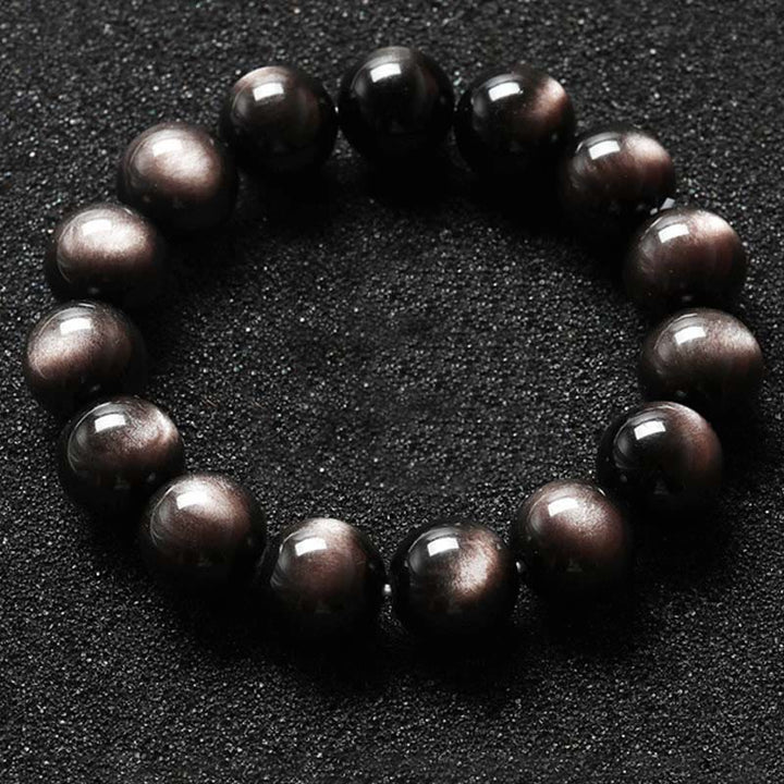 Buddha Stones Natürliches Obsidian-Armband mit silbernem Glanz und beruhigendem Schutz