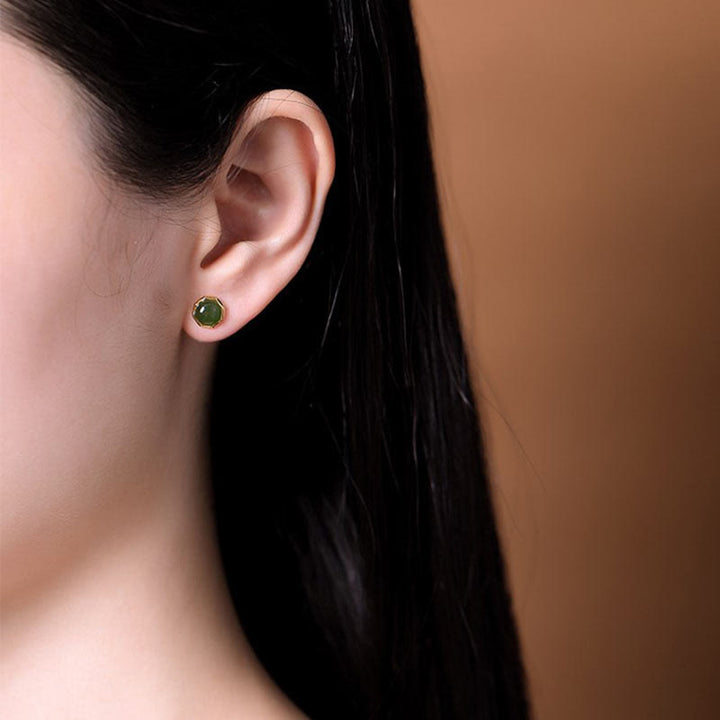 Buddha Stones 925 Sterling Silber vergoldet natürliche Hetian Cyan Jade Perlen Glück Ohrstecker