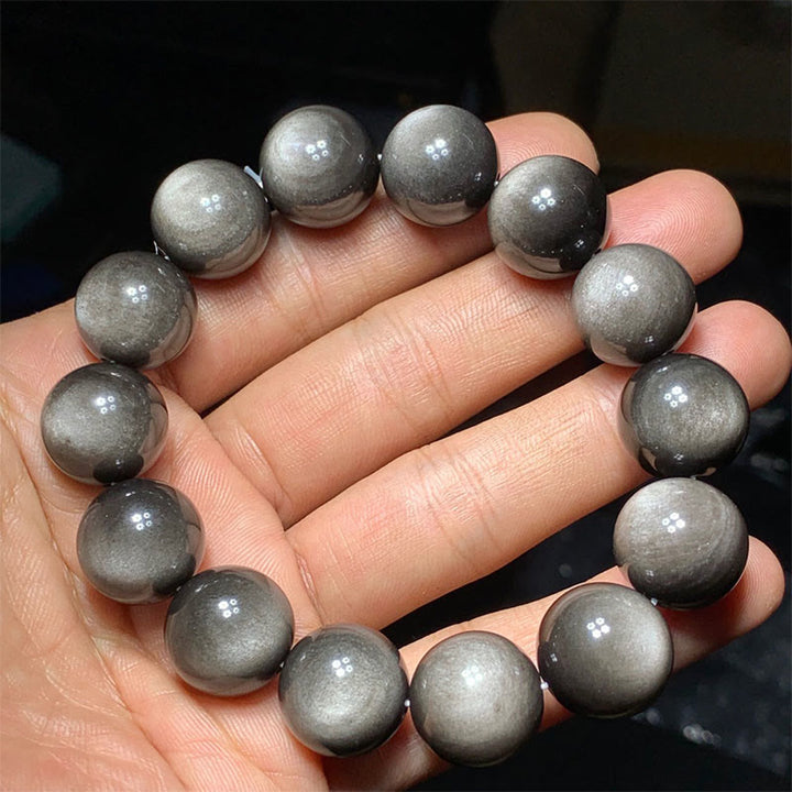 Buddha Stones Natürliches Obsidian-Armband mit silbernem Glanz und beruhigendem Schutz