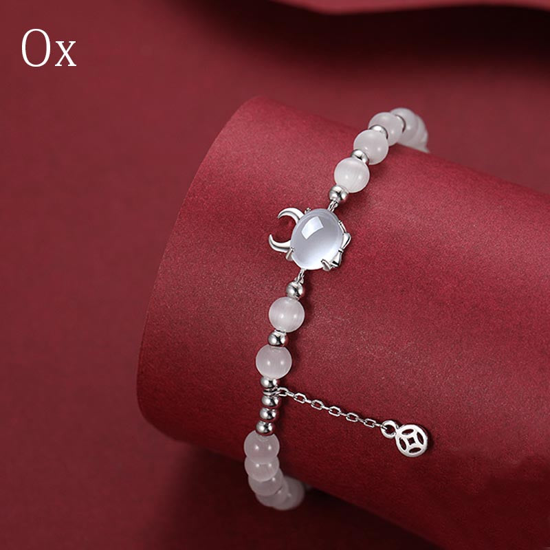 Buddha Stones 925 Sterling Silber Jahr des Drachen Chinesisches Sternzeichen Natürliches Katzenauge Chalcedon Kupfermünze Erfolgsarmband