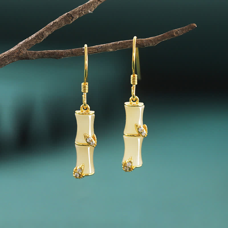 925 Sterling Silber Hetian Jade Chrysoberyll Katzenauge Roter Achat Bambus Glück Tropfen Ohrringe - Gold - Hetian Jade (Wohlstand ♥ Überfluss) - image 1
