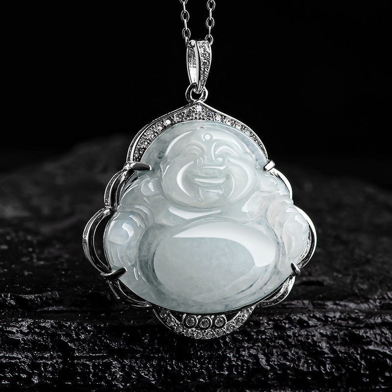 Buddha Stones 925 Sterling Silber Lachender Buddha Natürliche Jade Fülle Halskette Anhänger - image 5