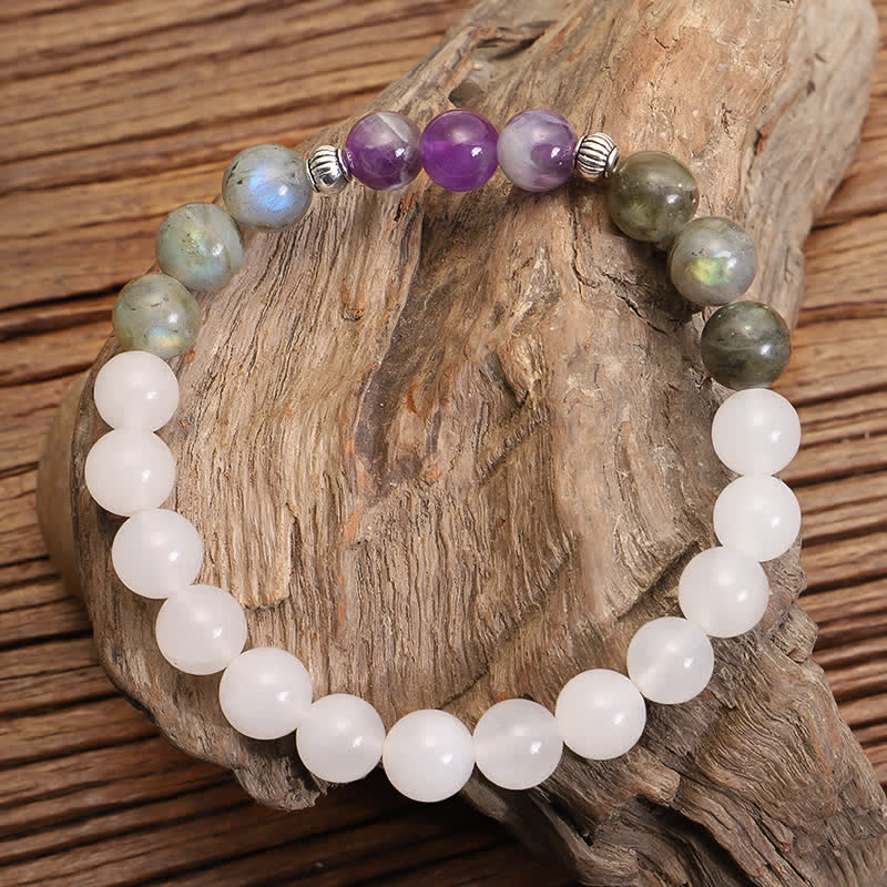 108 Mala-Perlen, Weiß Achat, Amethyst, schwarzer Glitzerstein, Schutzarmband