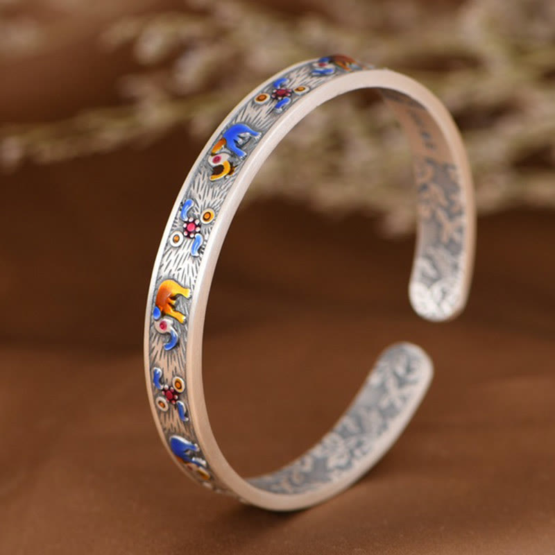 Buddha Stones 999 Sterling Silber Elefant Stärke Weisheit Armband Manschettenarmreif - image 1