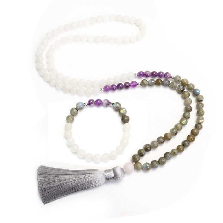 108 Mala-Perlen, Weiß Achat, Amethyst, schwarzer Glitzerstein, Schutzarmband