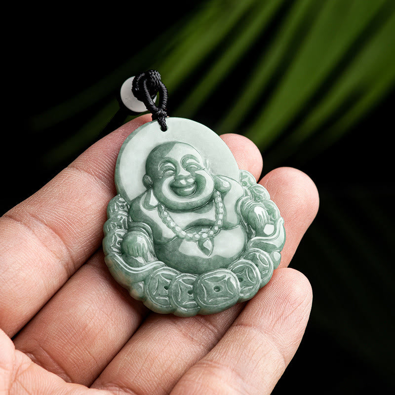 Buddha Stones, lachender Buddha, natürlicher Jade-Kupfer-Münzen-Halsketten-Anhänger - image 3