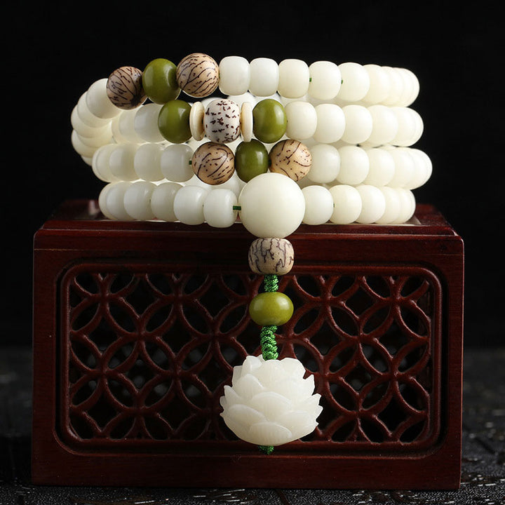 Buddha Stones Weiß Jade Bodhi Lotus Mala Harmonie Halskette Armband - image 1