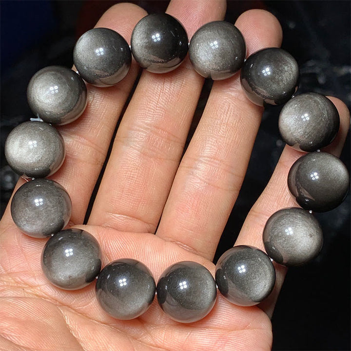 Buddha Stones Natürliches Obsidian-Armband mit silbernem Glanz und beruhigendem Schutz
