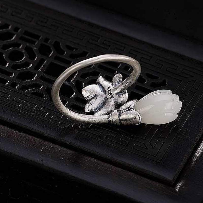 Buddha Stones Jade Lotus Kupfer Balance Heilung verstellbarer Ring