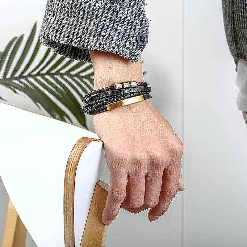 Buddha Stones Lederarmband mit mehrschichtiger Balance aus Titanstahl und geflochtener Magnetschnalle