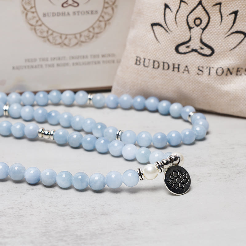 Buddha Stones 108 Mala Perlen Aquamarin Heilarmband