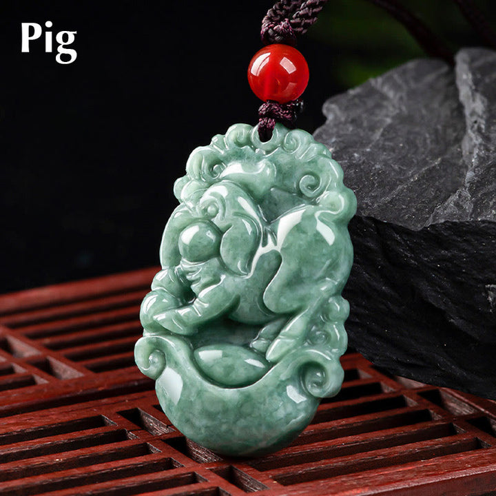 Buddha Stones, natürliche Jade, 12 chinesische Sternzeichen, Wohlstands-Halsketten-Anhänger - Schwein - image 26