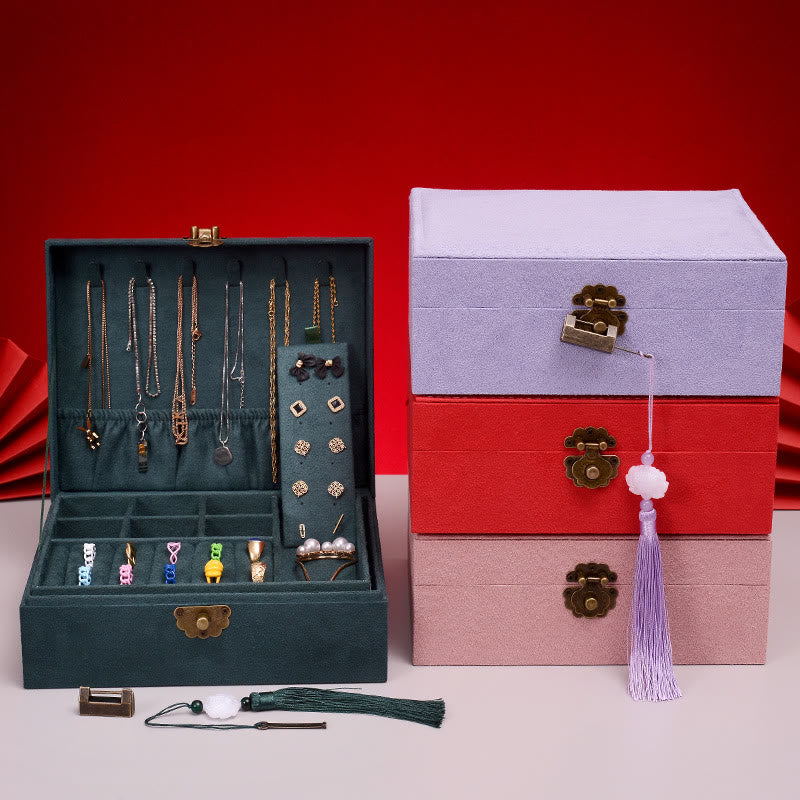 Buddha Stones, schlichtes Design, Schmuckkästchen, Organizer, zweilagige Schmuck-Aufbewahrungsbox, Flanell-Box mit Schloss - image 0