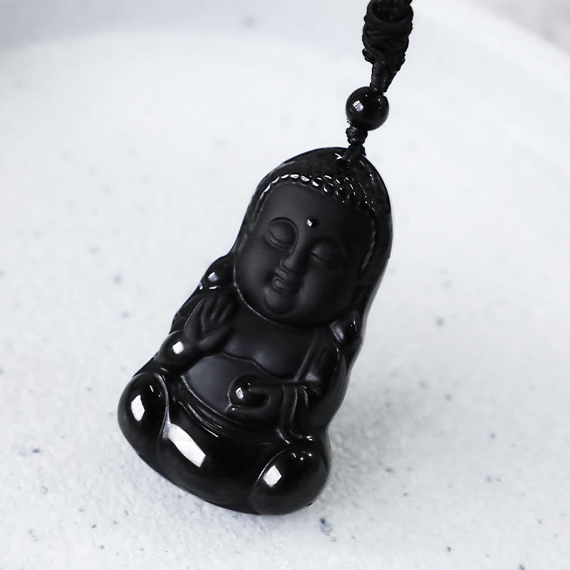 Buddha Stones, natürlicher schwarzer Obsidian-Kristall, Buddha-Stärke, Schutz, Amulett, Glücksbringer-Anhänger-Halskette - image 7