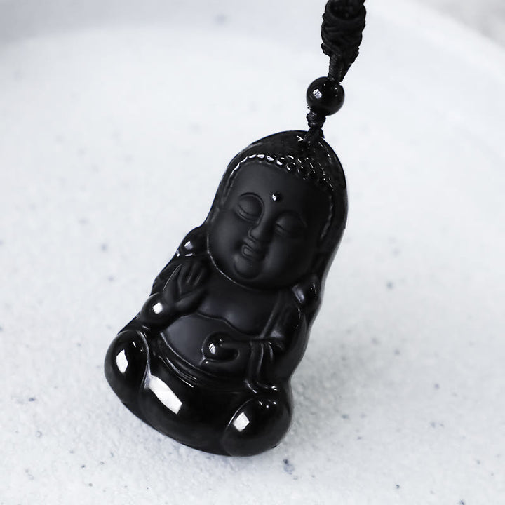 Buddha Stones, natürlicher schwarzer Obsidian-Kristall, Buddha-Stärke, Schutz, Amulett, Glücksbringer-Anhänger-Halskette - image 7