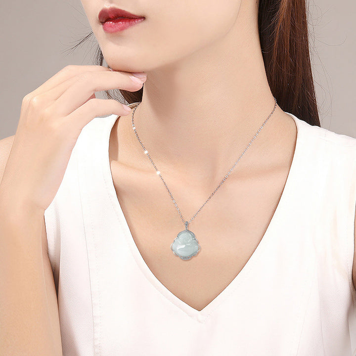 Buddha Stones 925 Sterling Silber Lachender Buddha Natürliche Jade Fülle Halskette Anhänger - image 3