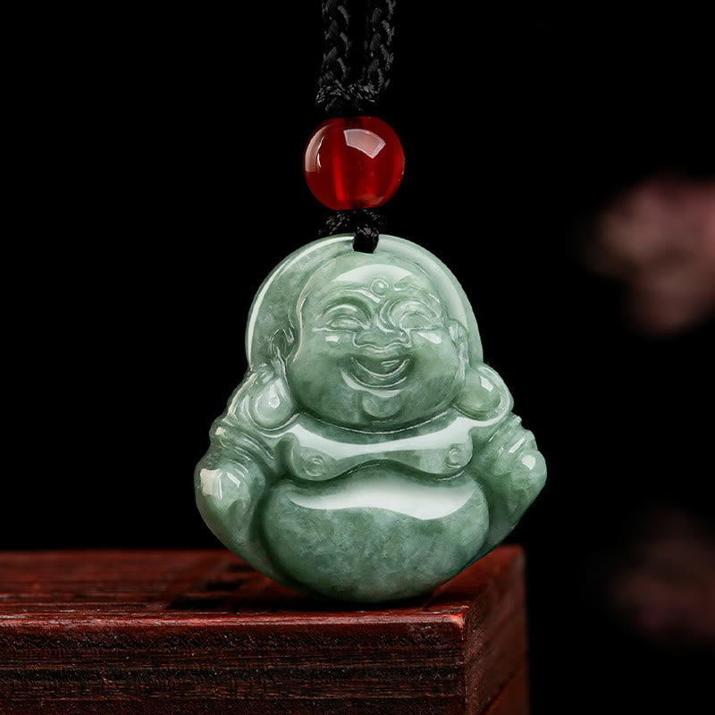Buddha Stones, natürlicher grüner Jade-Halskettenanhänger, lachender Buddha, Glück, Fülle