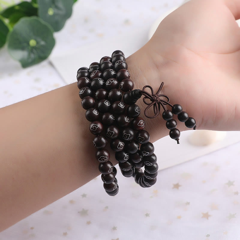 Buddha Stones, 925er-Sterlingsilber, eingelegtes kleines Blatt, rotes Sandelholz, Om Mani Padme Hum-Charakter, glückverheißende Wolken, Schutzarmband