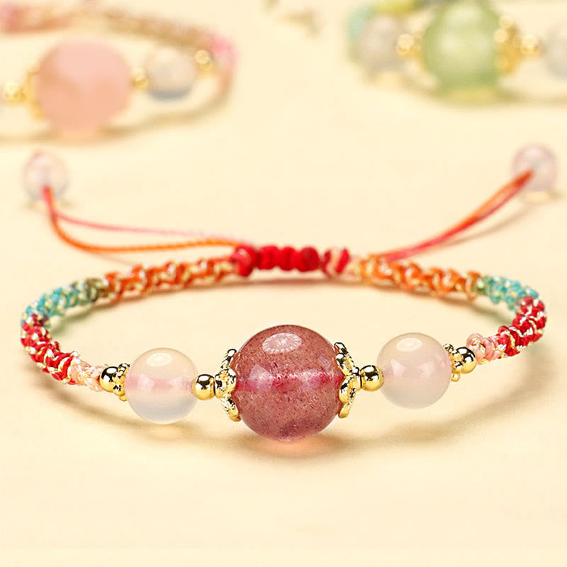 Buddha Stones Armband mit Heilseil, Erdbeerquarz, rosa Kristall, Prehnit , Weiß Achat