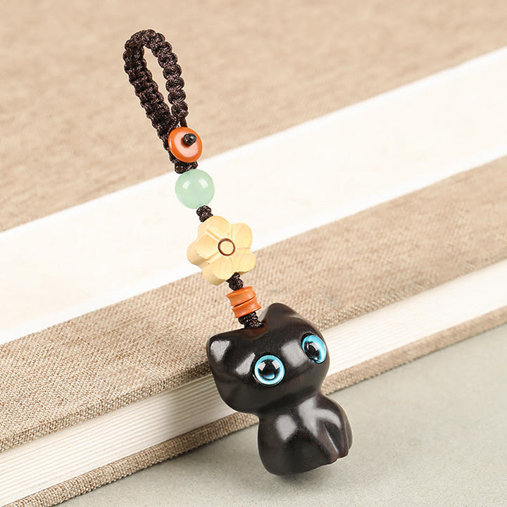 Buddha Stones, Mini-Schlüsselanhänger, kleines Blatt, rotes Sandelholz, Ebenholz, glückliche Katze, hübsches Kätzchen, Frieden, Schlüsselanhänger, Dekoration zum Aufhängen am Telefon - Schlüsselanhänger - Ebenholzkatze - image 3