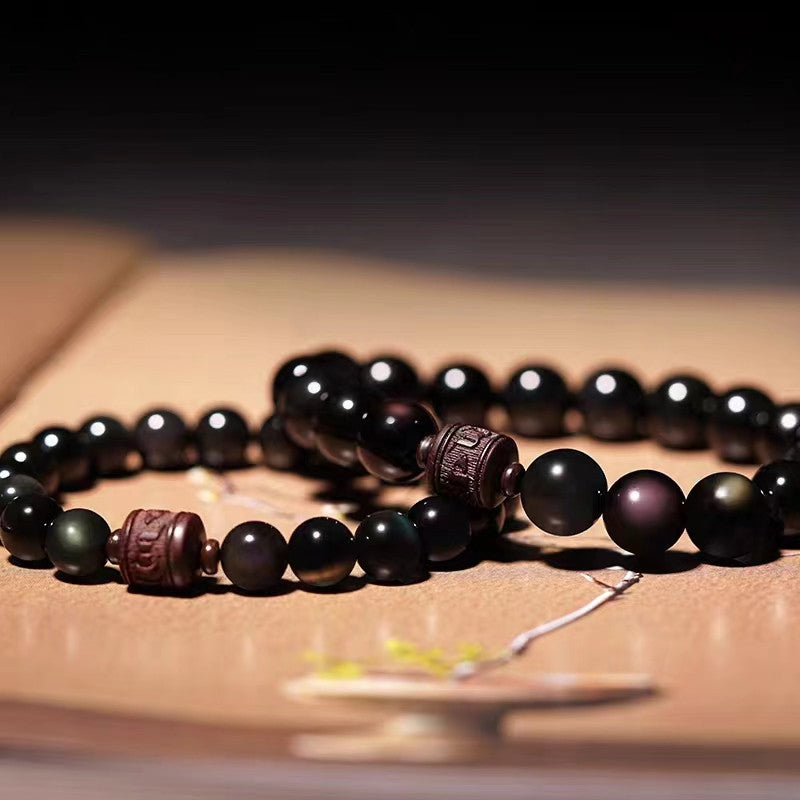 Buddha Stones, natürlicher Goldglanz-Obsidian, Regenbogen-Obsidian, Om Mani Padme Hum Fu, Charakter-Heilungsarmband