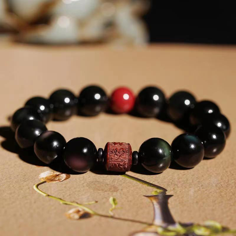 Buddha Stones, natürlicher Goldglanz-Obsidian, Regenbogen-Obsidian, Om Mani Padme Hum Fu, Charakter-Heilungsarmband